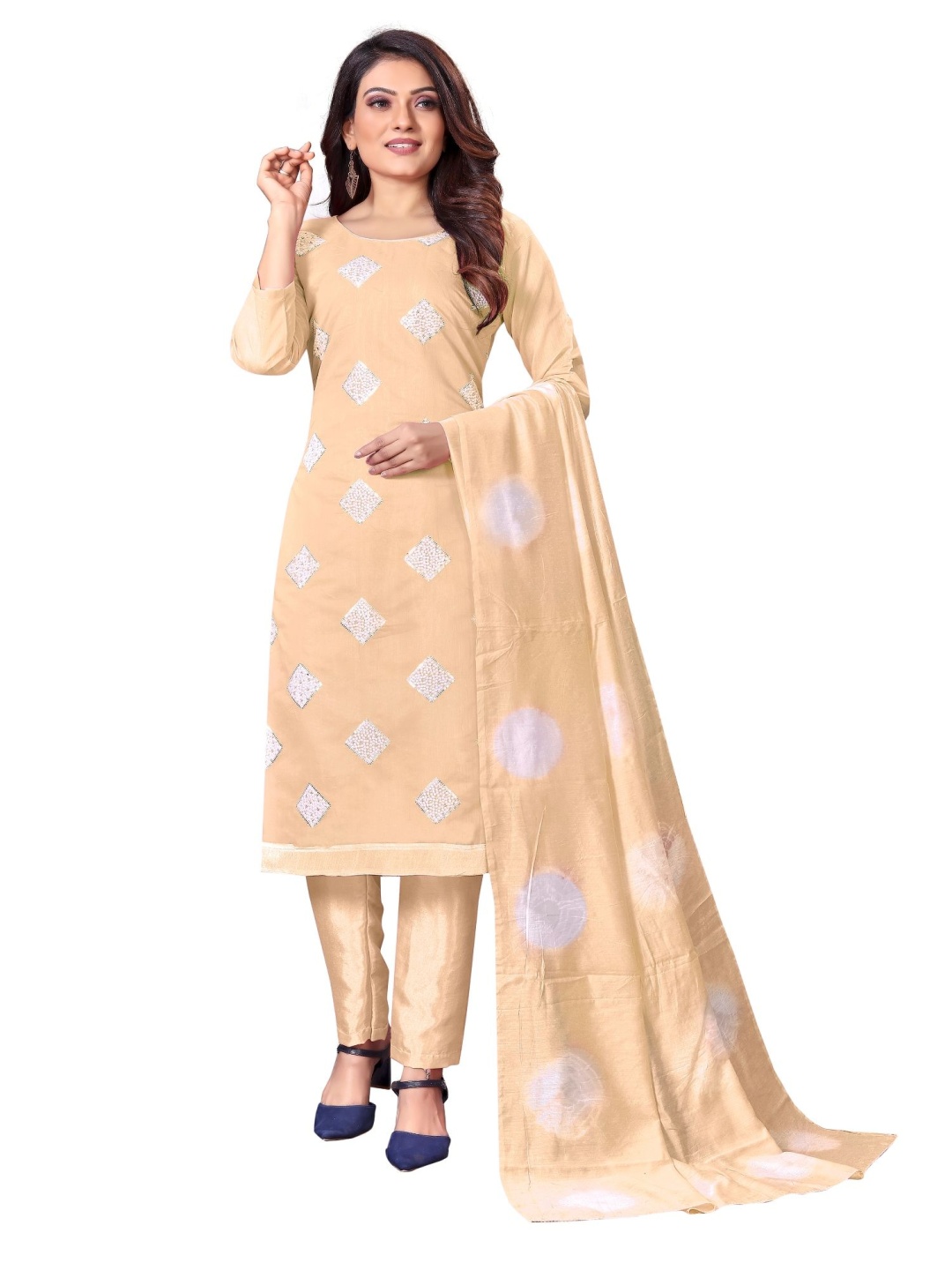 

A TO Z CART Geometric Embroidered Unstitched Dress Material, Beige