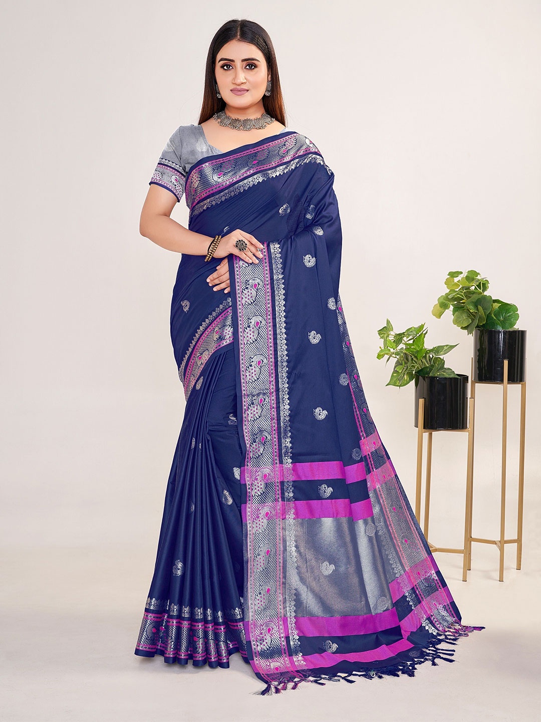 

Upalksh Woven Design Zari Pure Cotton Paithani Saree, Blue