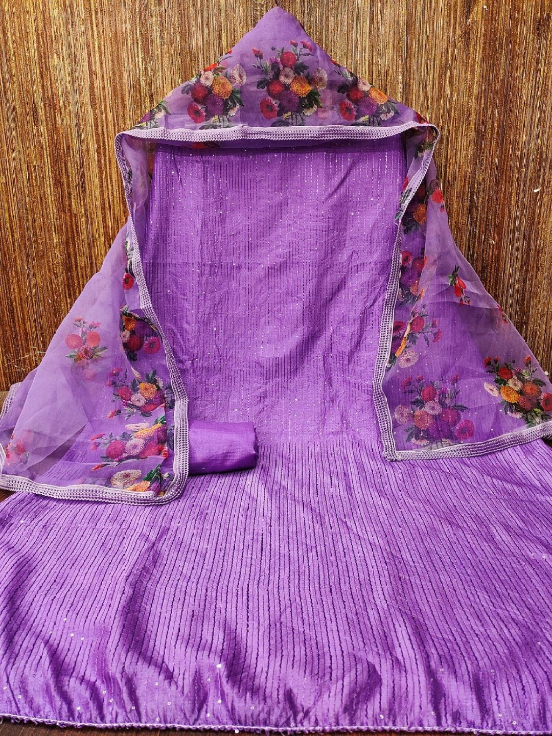 

A TO Z CART Striped Embroidered Sequinned Unstitched Dress Material, Lavender