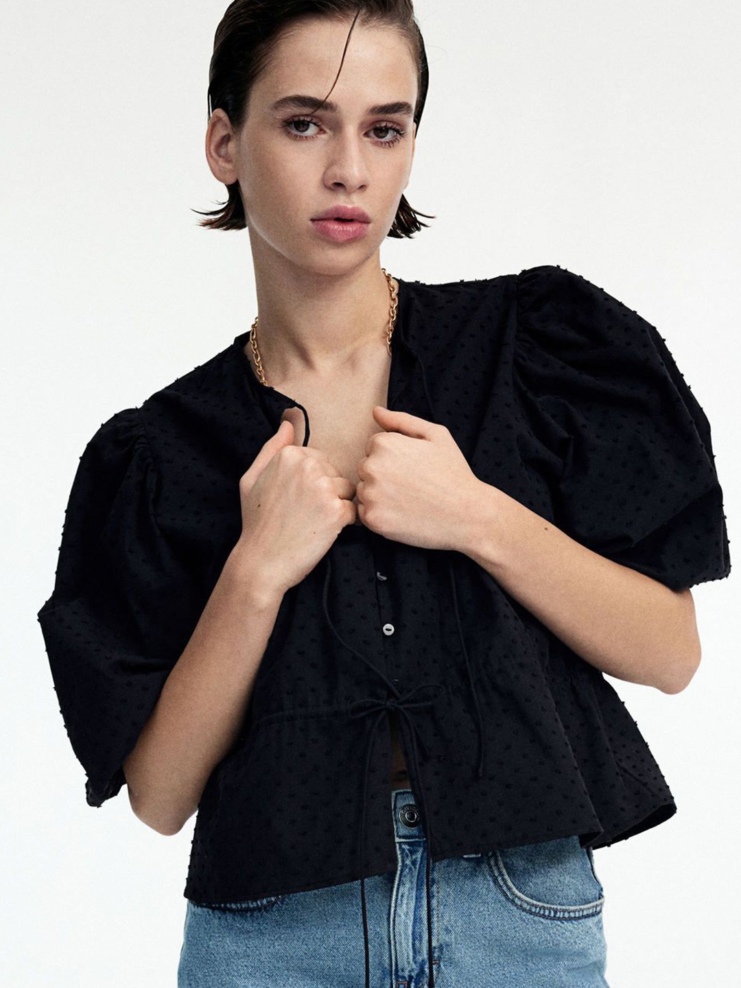 

H&M Puff-Sleeved Cotton Blouse, Black