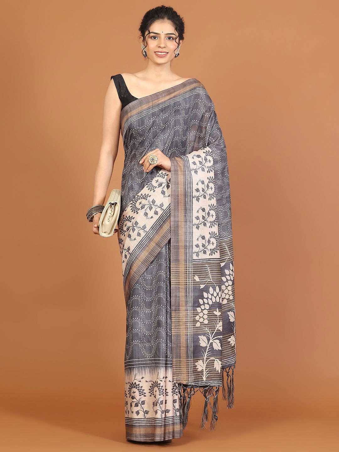 

Meena Bazaar Art Silk Tussar Saree, Grey