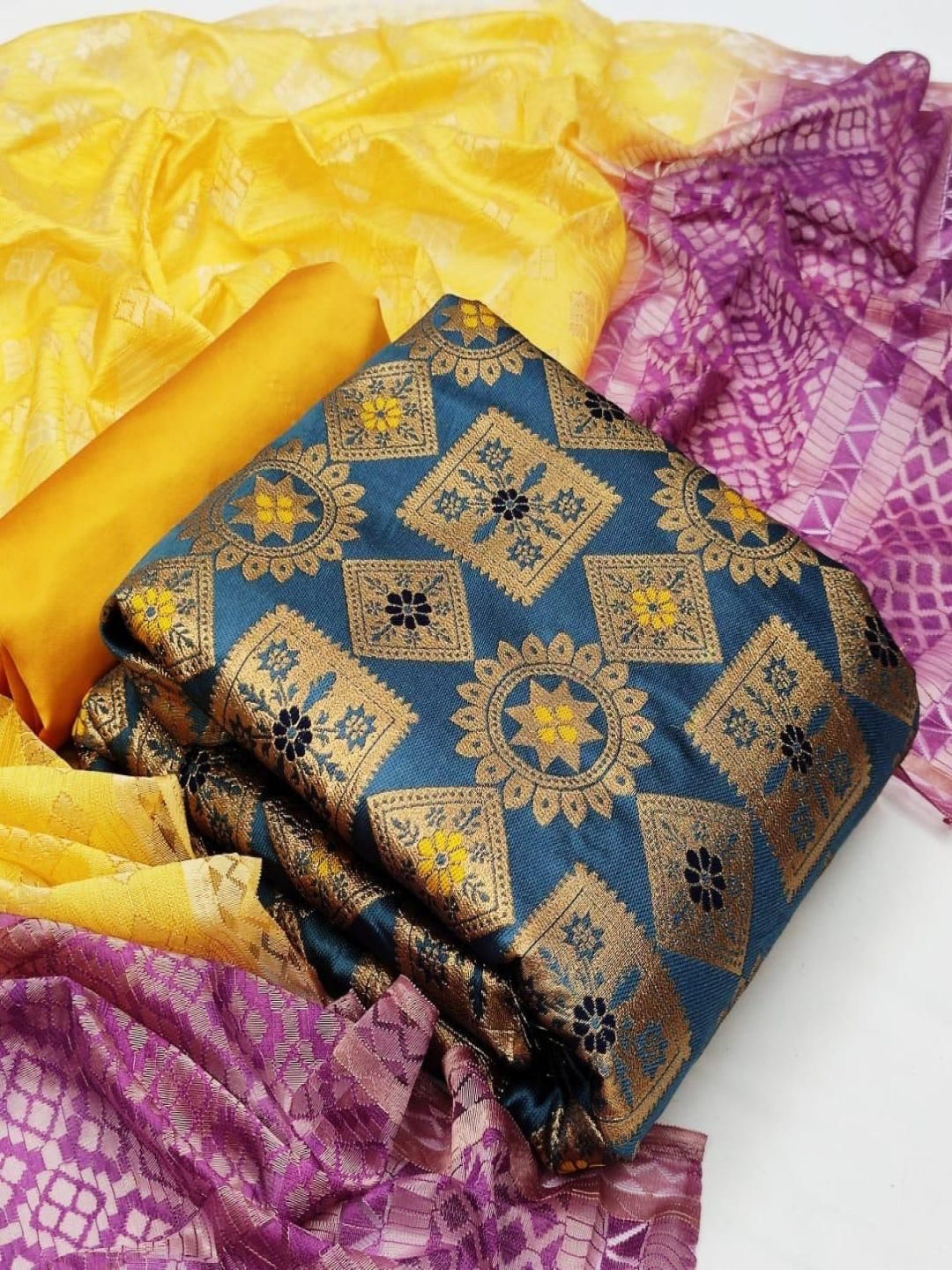 

KALINI Ethnic Motifs Woven Design Banarasi Silk Unstitched Dress Material, Blue