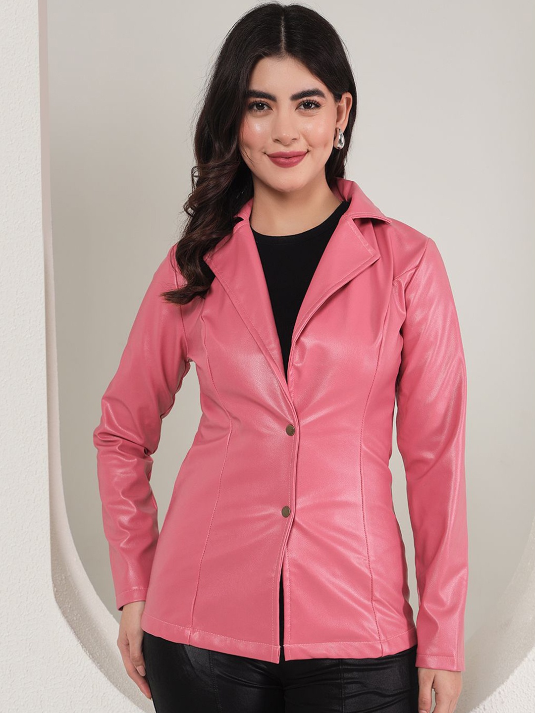 

TANDUL Women Slim Fit Notched Lapel Single-Breasted Leather Blazer, Pink