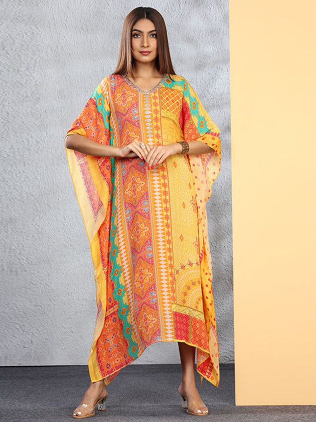 

FREYAA Ethnic Motifs Printed V-Neck Midi Kaftan Dress, Yellow