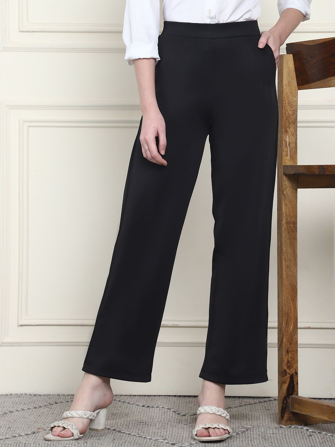

Frempy Women Relaxed Straight Leg Straight Fit High-Rise Trousers, Black