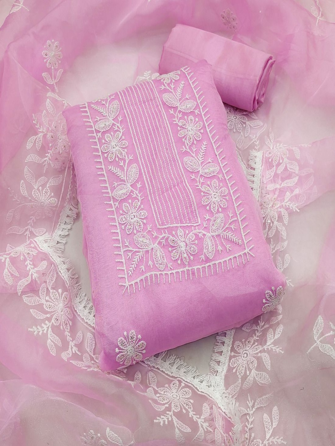

A TO Z CART Floral Embroidered Sequinned Organza Unstitched Dress Material, Pink