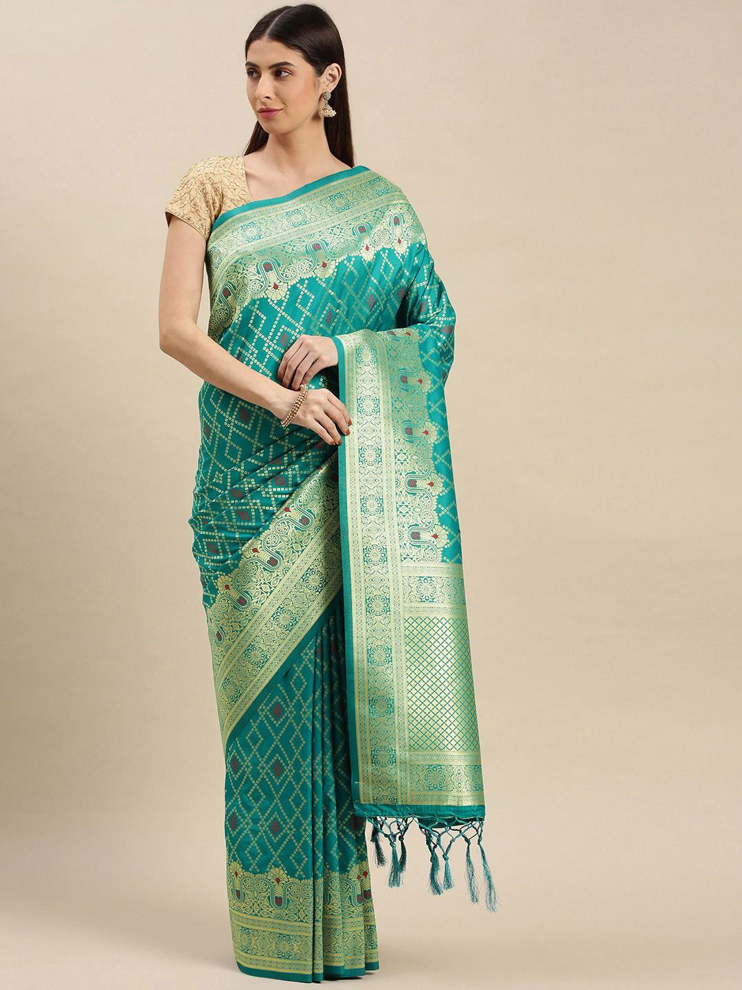 

flaher Woven Design Zari Art Silk Banarasi Saree, Turquoise blue