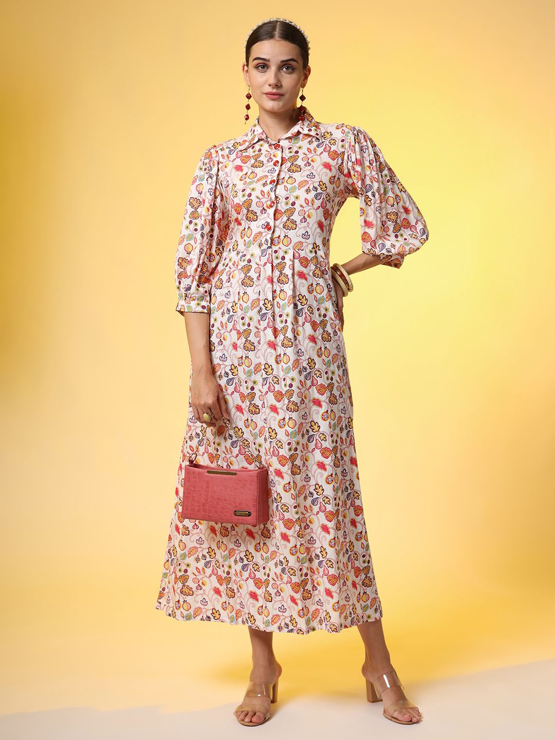 

SUFIZA LIFESTYLE Women Floral Printed Puff Sleeves Cotton A-Line Midi Dress, Cream