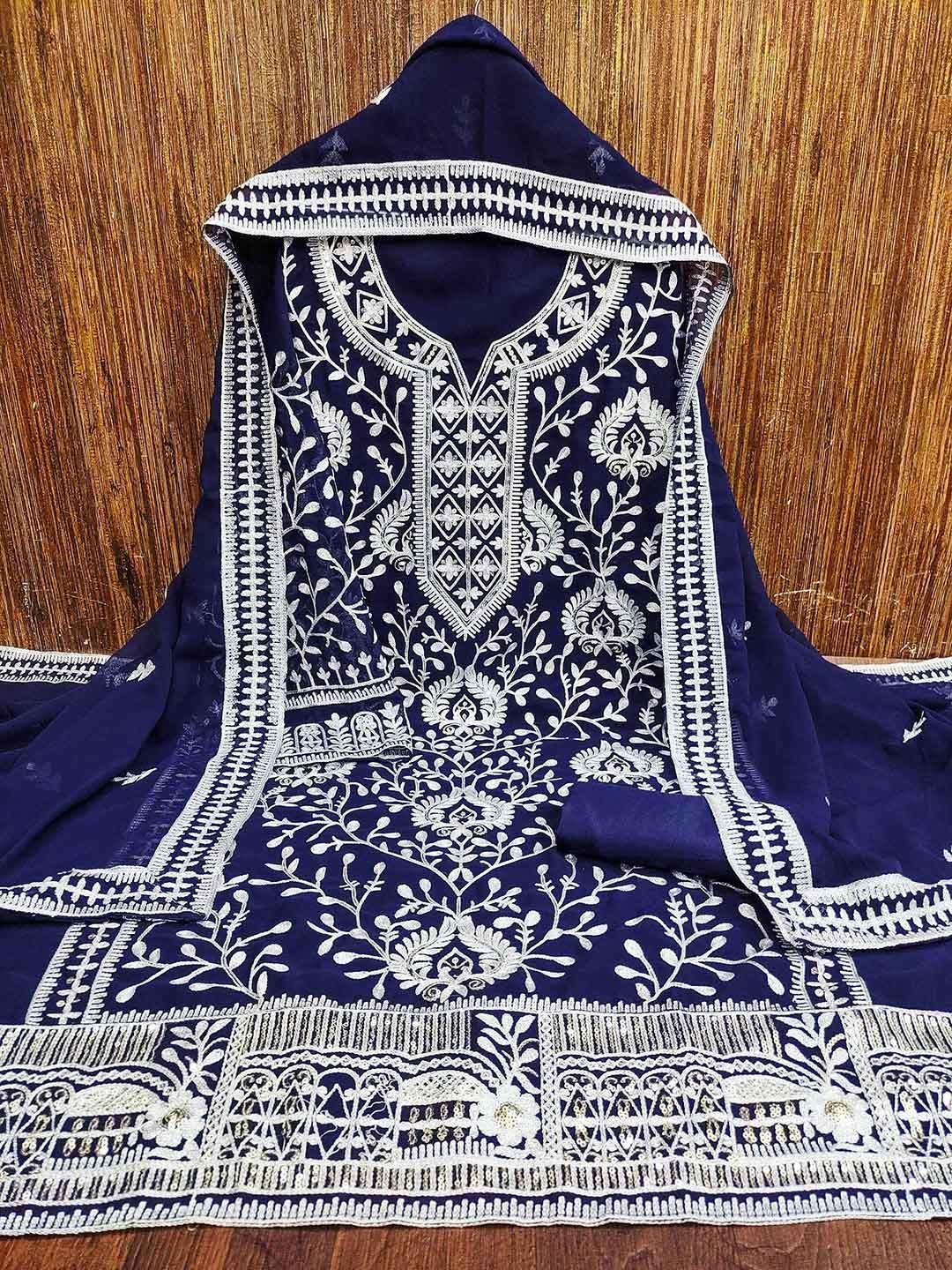 

KALINI Ethnic Motifs Embroidered Sequinned Silk Georgette Unstitched Dress Material, Blue