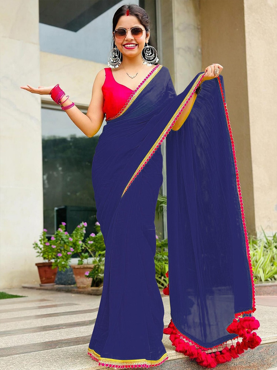 

A TO Z CART Embellished Pure Georgette Saree, Navy blue