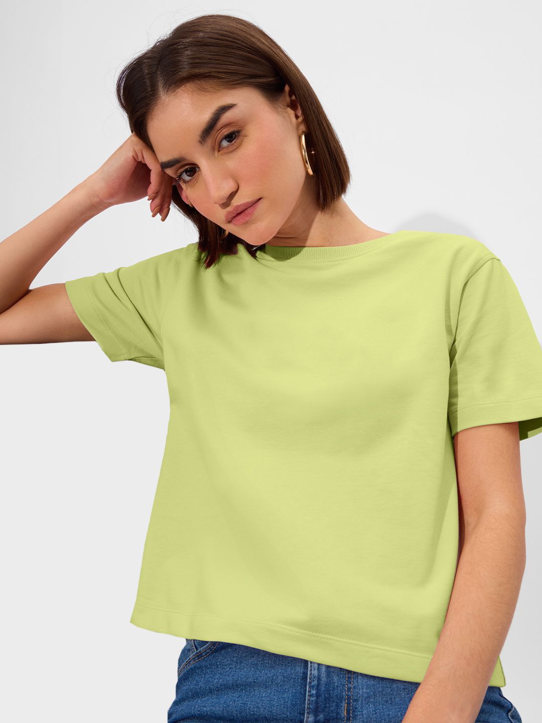 

The Souled Store Women Solid Round Neck Cotton Relaxed Fit T-shirt, Lime green