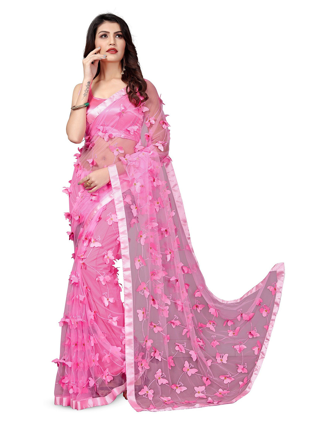 

A TO Z CART Embellished Patchwork Net Saree, Pink