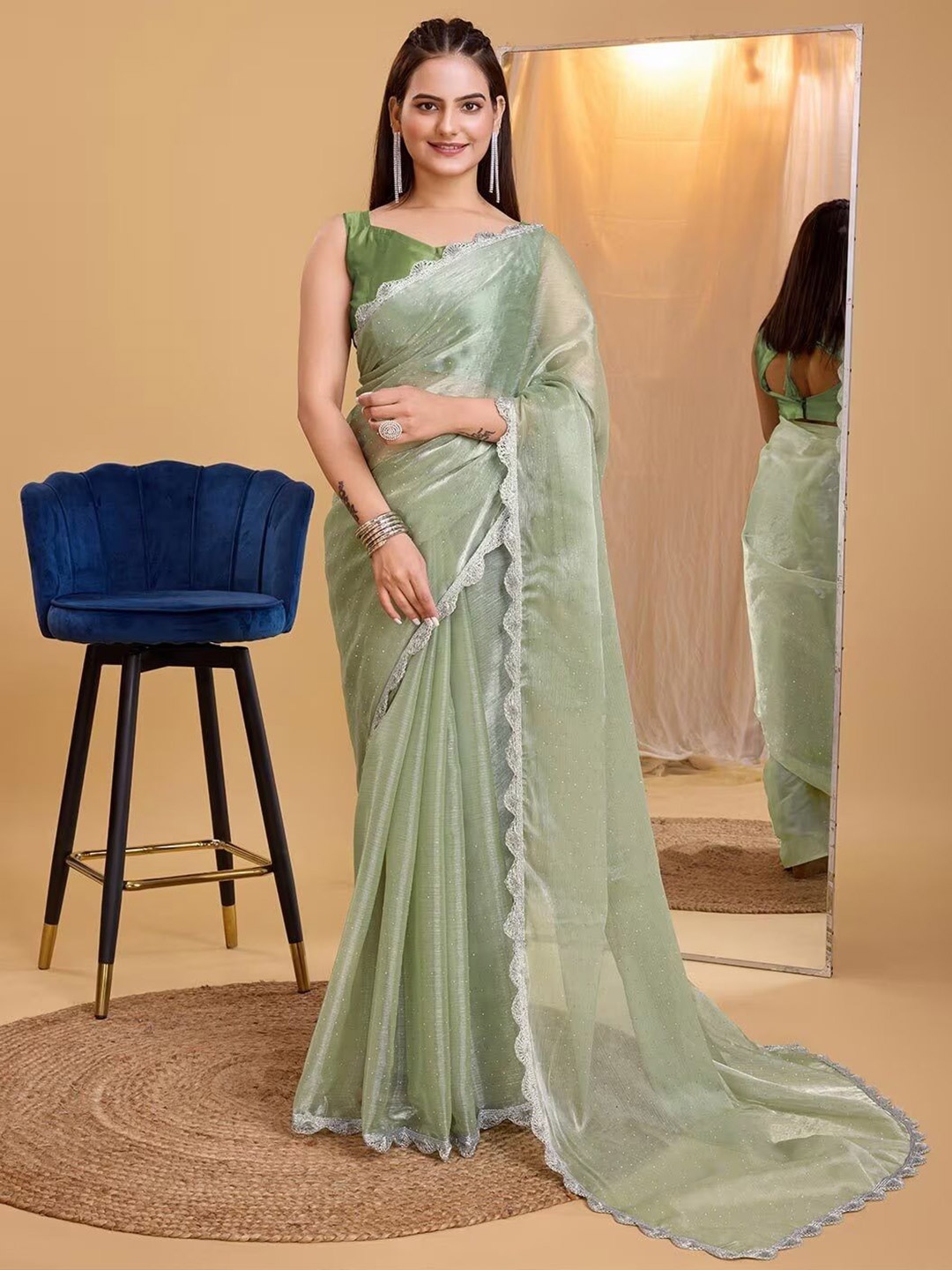 

A TO Z CART Beads and Stones Embellished Lace Border Net Saree With Blouse Piece, Green