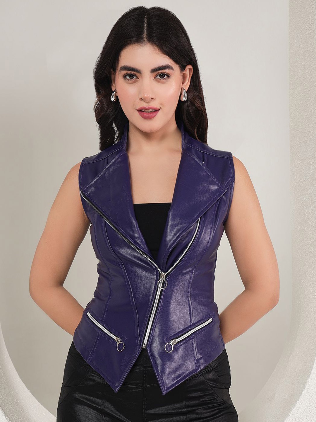 

TANDUL Women Solid Lightweight Crop Biker Jacket, Purple