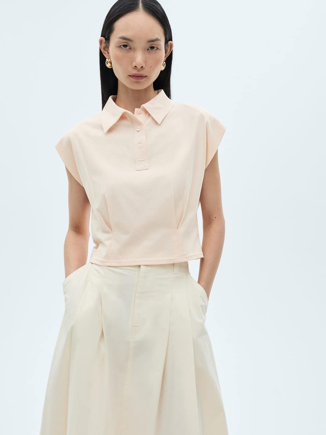 

MANGO Women Polo Collar Pure Cotton T-shirt, Peach