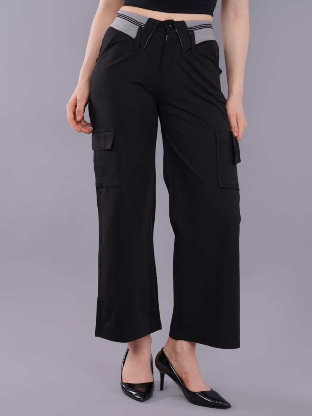 

HIGH BUY Women Folded Waist Collar Cotton Cargo Trousers, Black