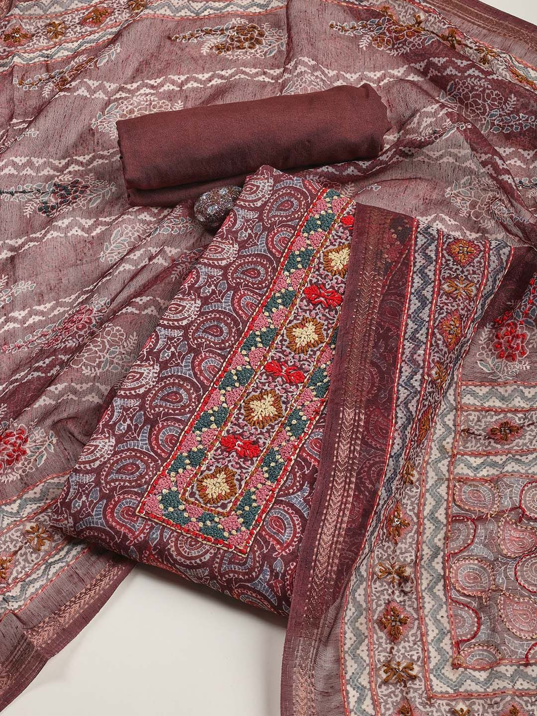 

Meena Bazaar Printed Art Silk Unstitched Dress Material, Brown
