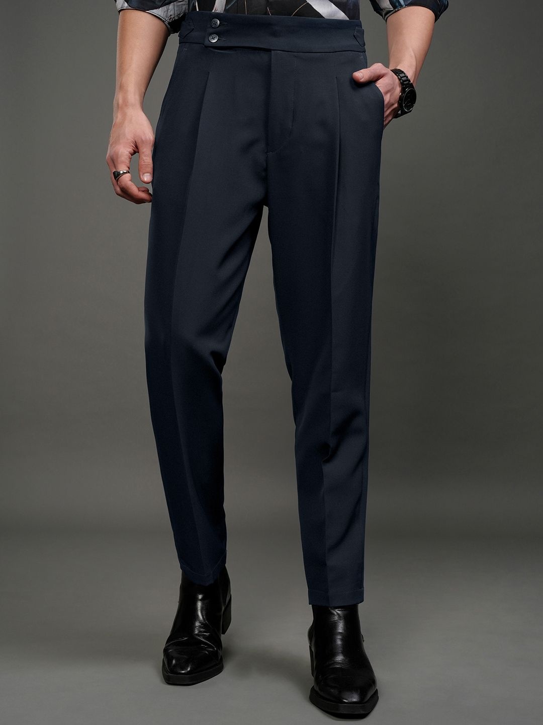 

HIGHLANDER Men High Waist Carrot Ankle Length Gurka Pant, Navy blue