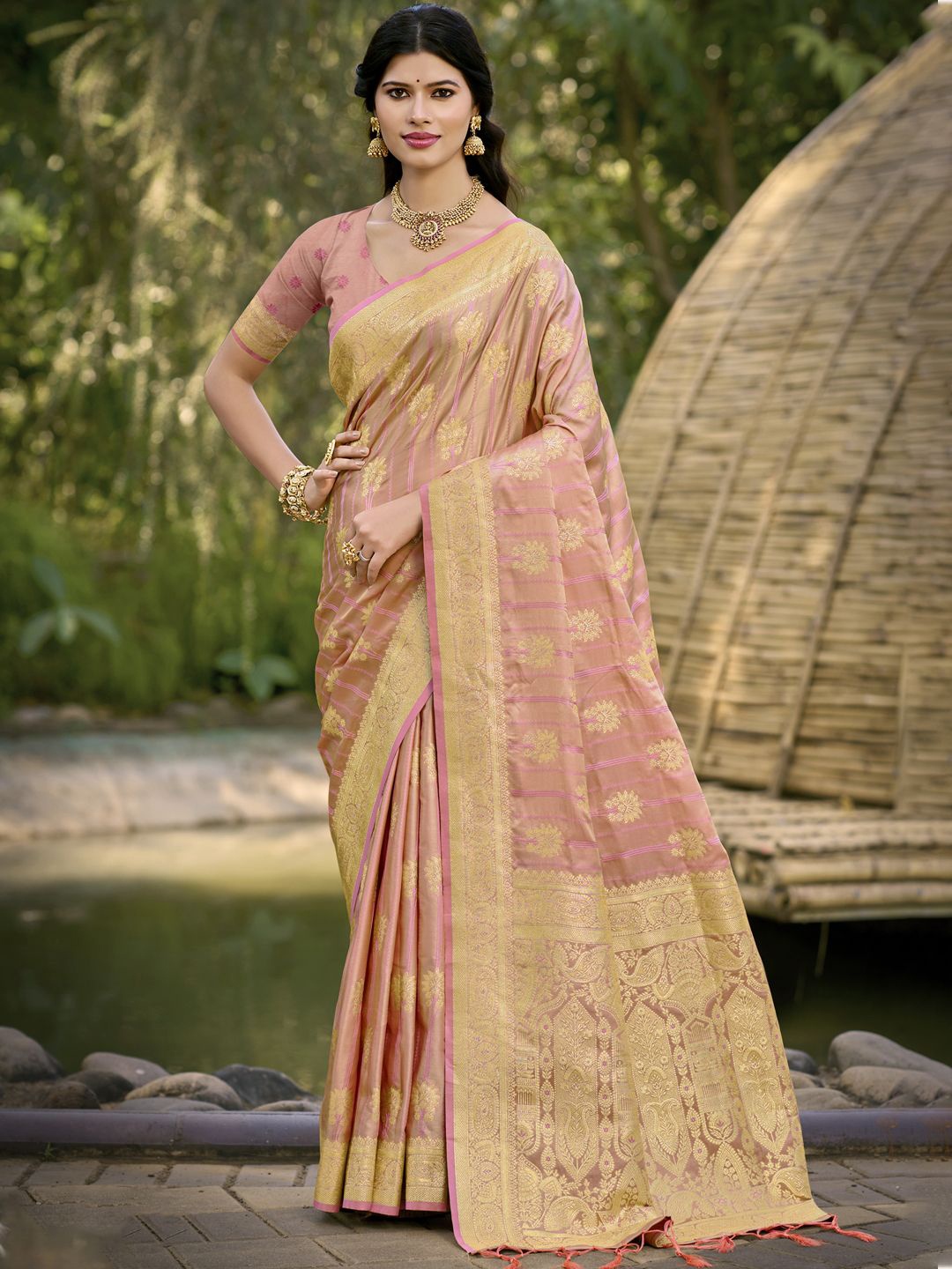 

SANGAM PRINTS Ethnic Motifs Woven Design Zari Banarasi Saree, Pink