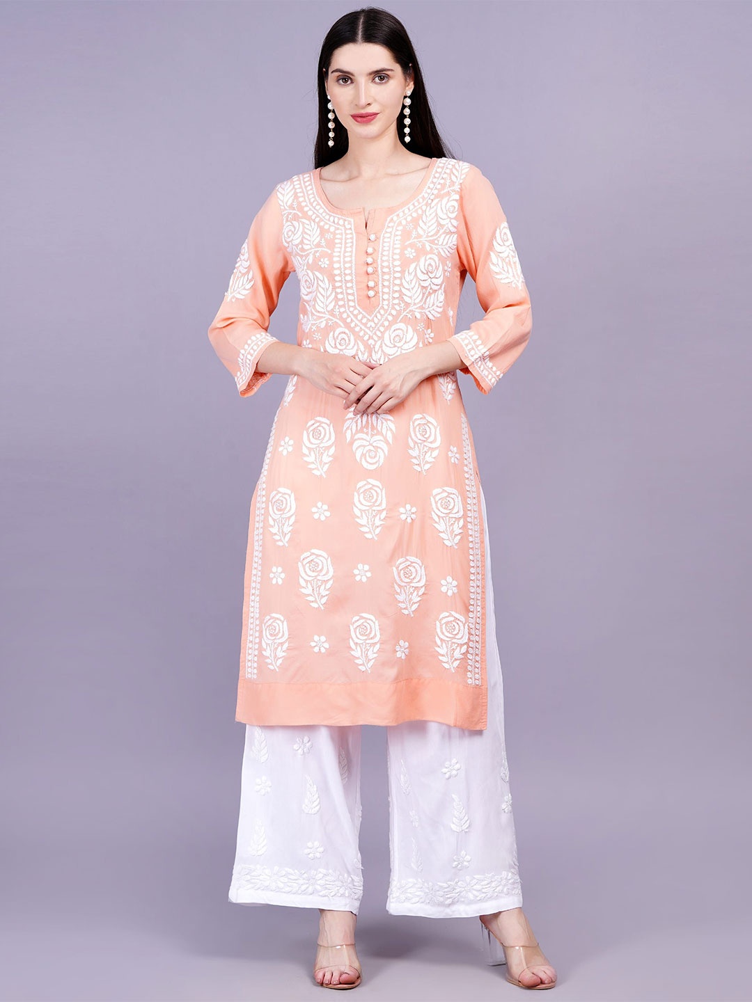 

SUFIZA LIFESTYLE Women Embroidered Chikankari Straight Kurta, Peach