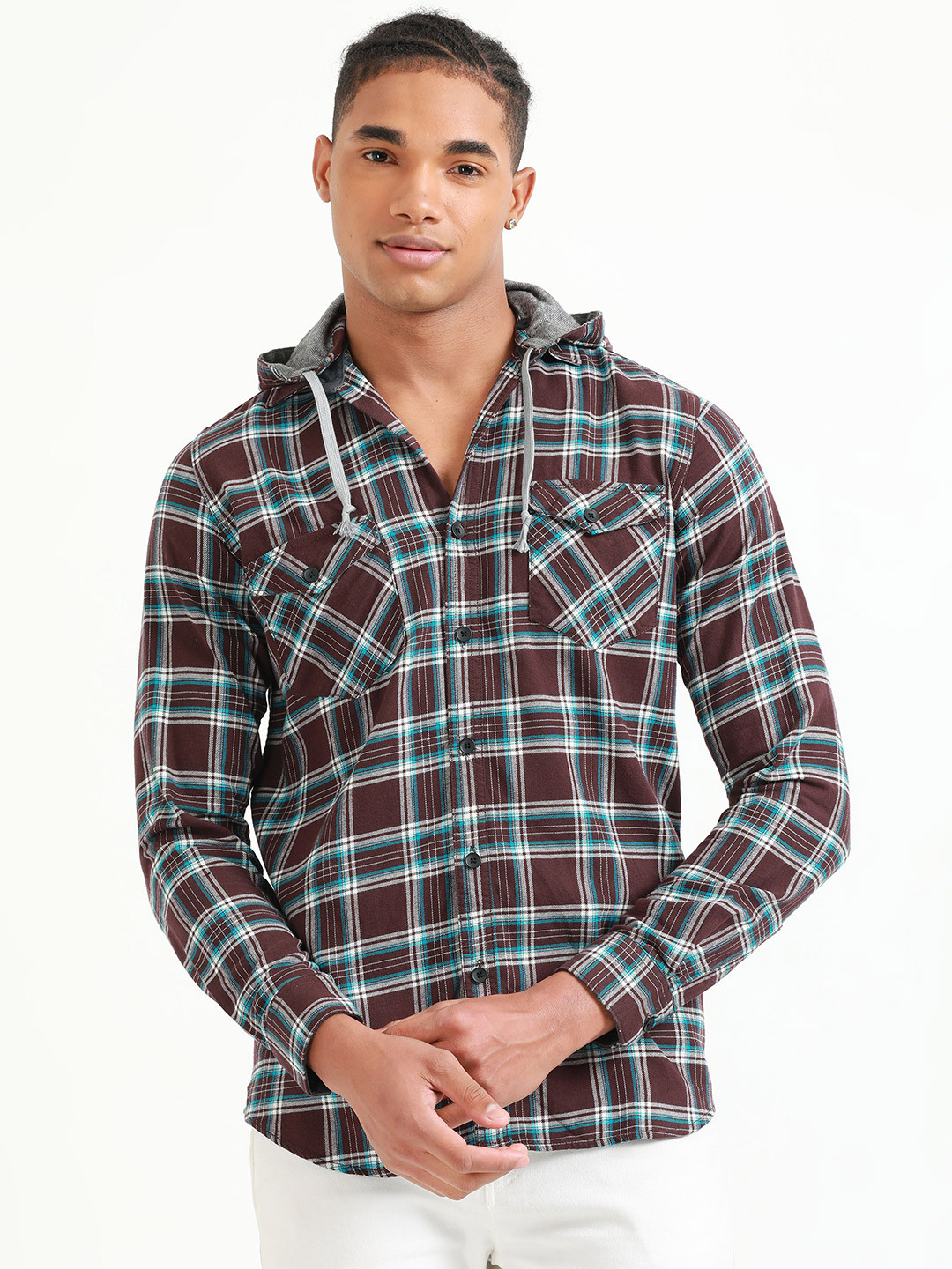 

HOUSE OF MAHNOTS Men Comfort Slim Fit Hood Tartan Checked Cotton Casual Shirt, Maroon