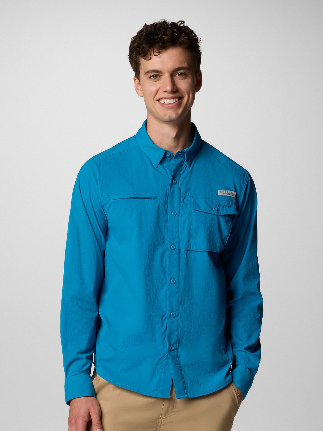 

Columbia Men Classic Slim Fit Spread Collar Solid Casual Shirt, Blue