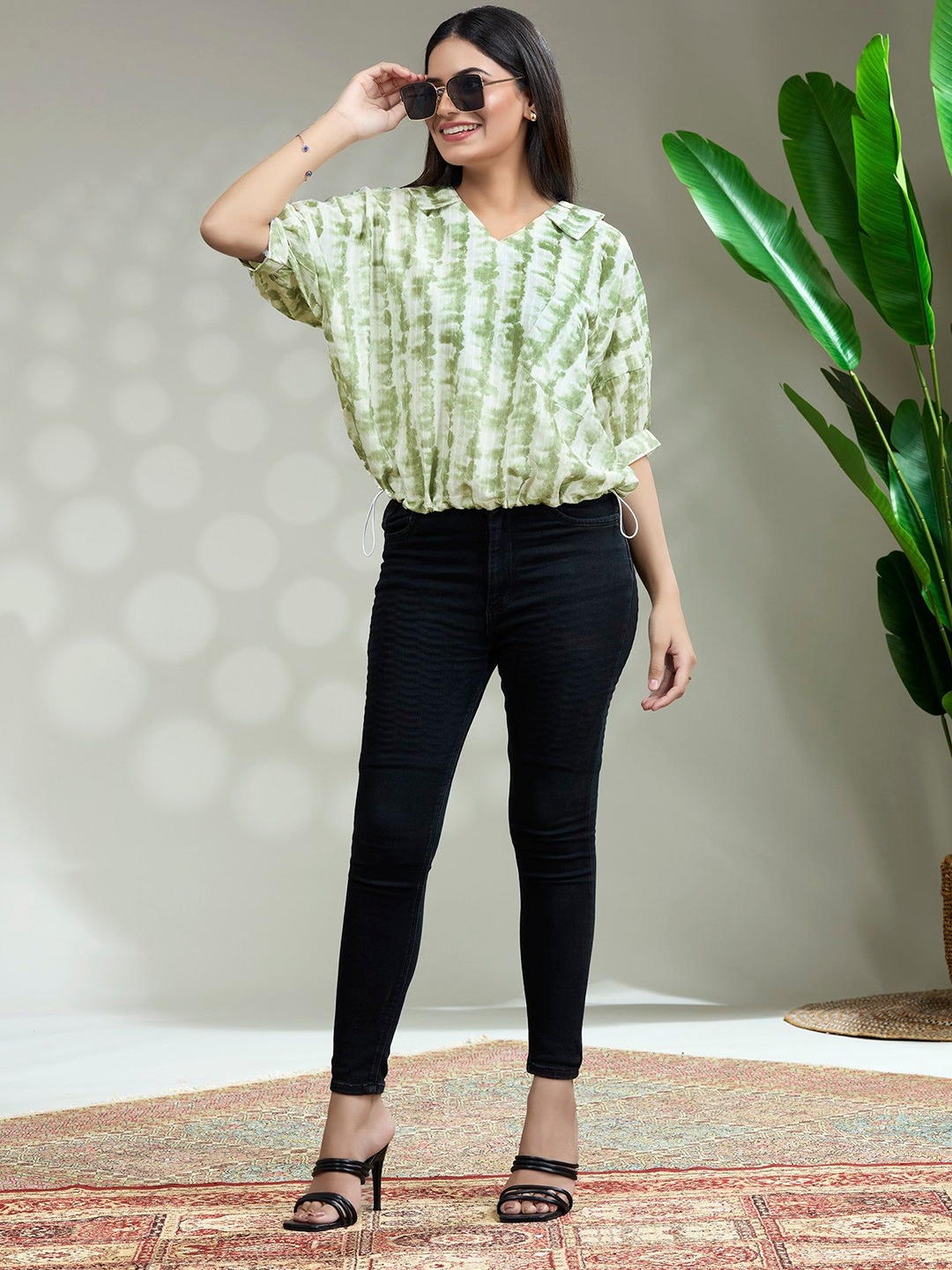 

FREYAA Polka Dot Puff Sleeve Blouson Top, Green
