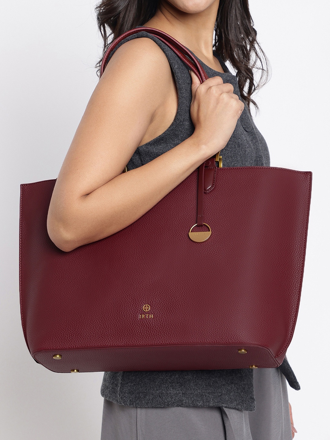 

IRTH Textured Structured Shoulder Bag With Tassel, Red
