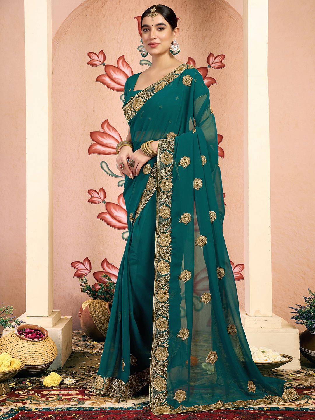 

Mitera Embroidered Beads and Stones Pure Georgette Saree, Green