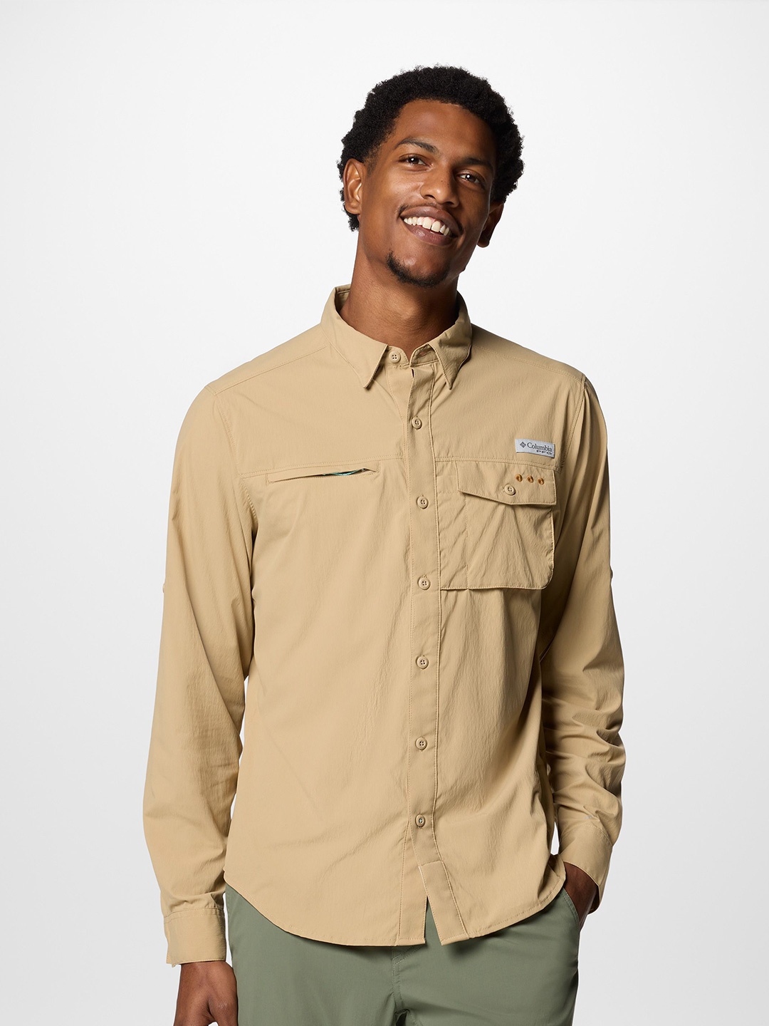 

Columbia Men Classic Slim Fit Spread Collar Solid Casual Shirt, Beige