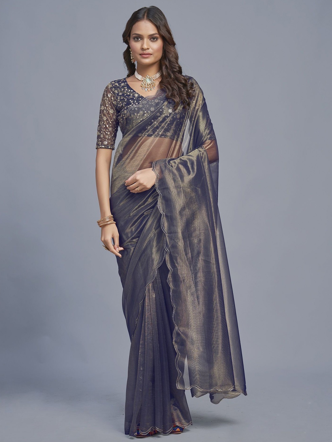 

A TO Z CART Embroidered Organza Saree, Blue
