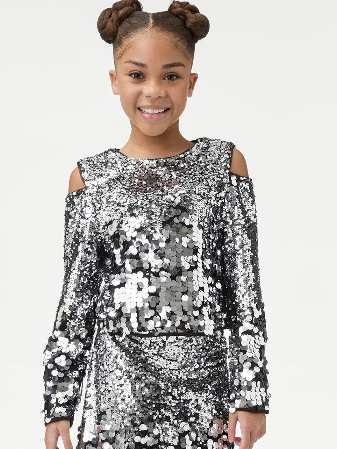 

Marks & Spencer Girls Sequined Cold-Shoulder Sleeves Top, Silver