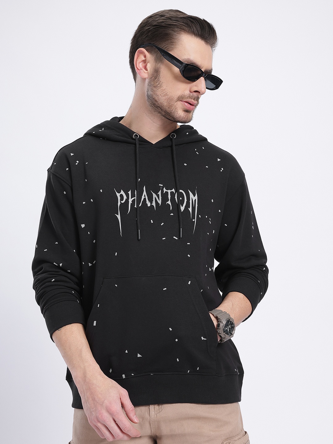 

glitchez Snuggly Terry Printed Relaxed Hooded Sweatshirt, Black
