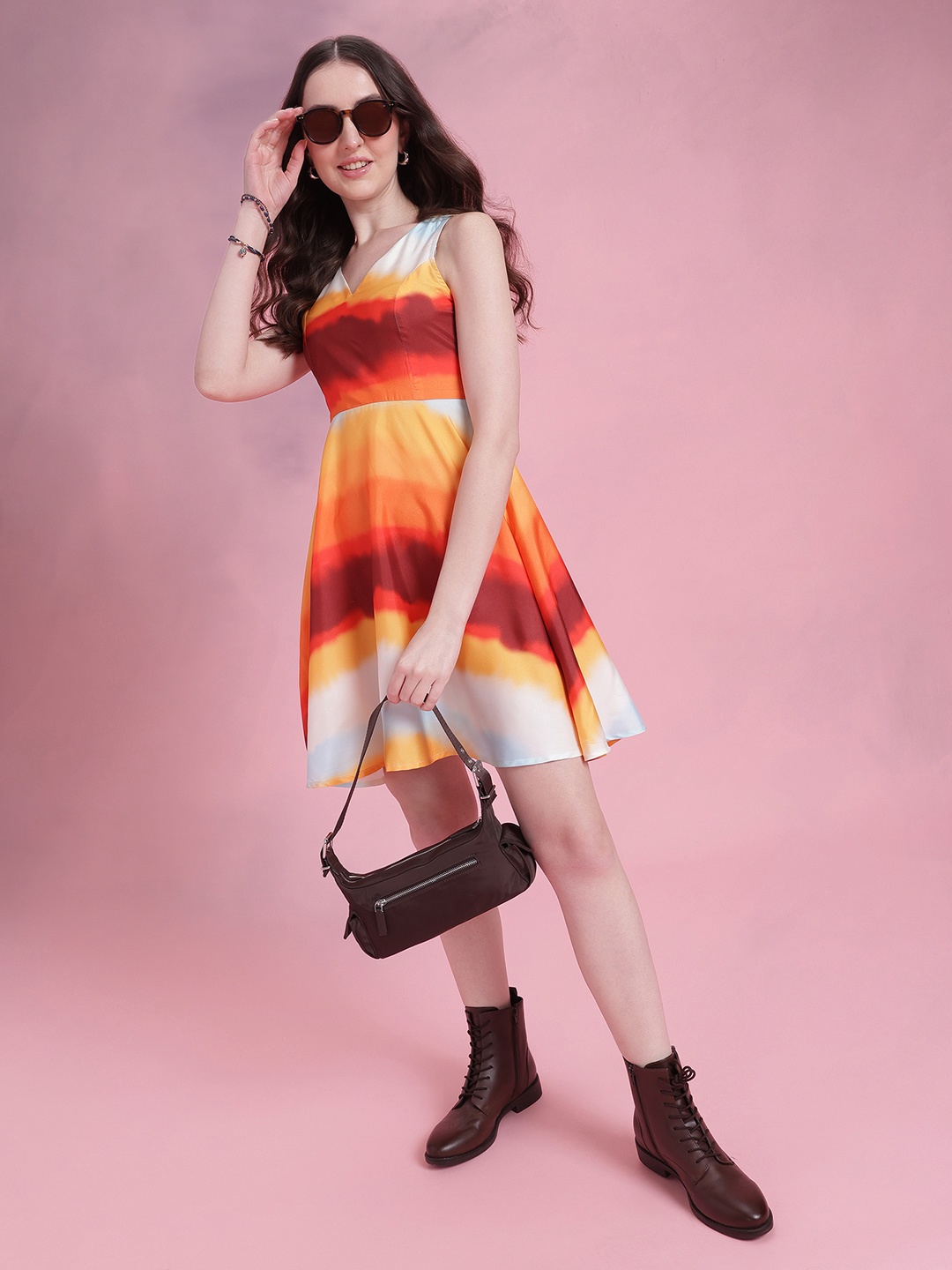 

DressBerry Print Satin Fit & Flare Dress, Orange