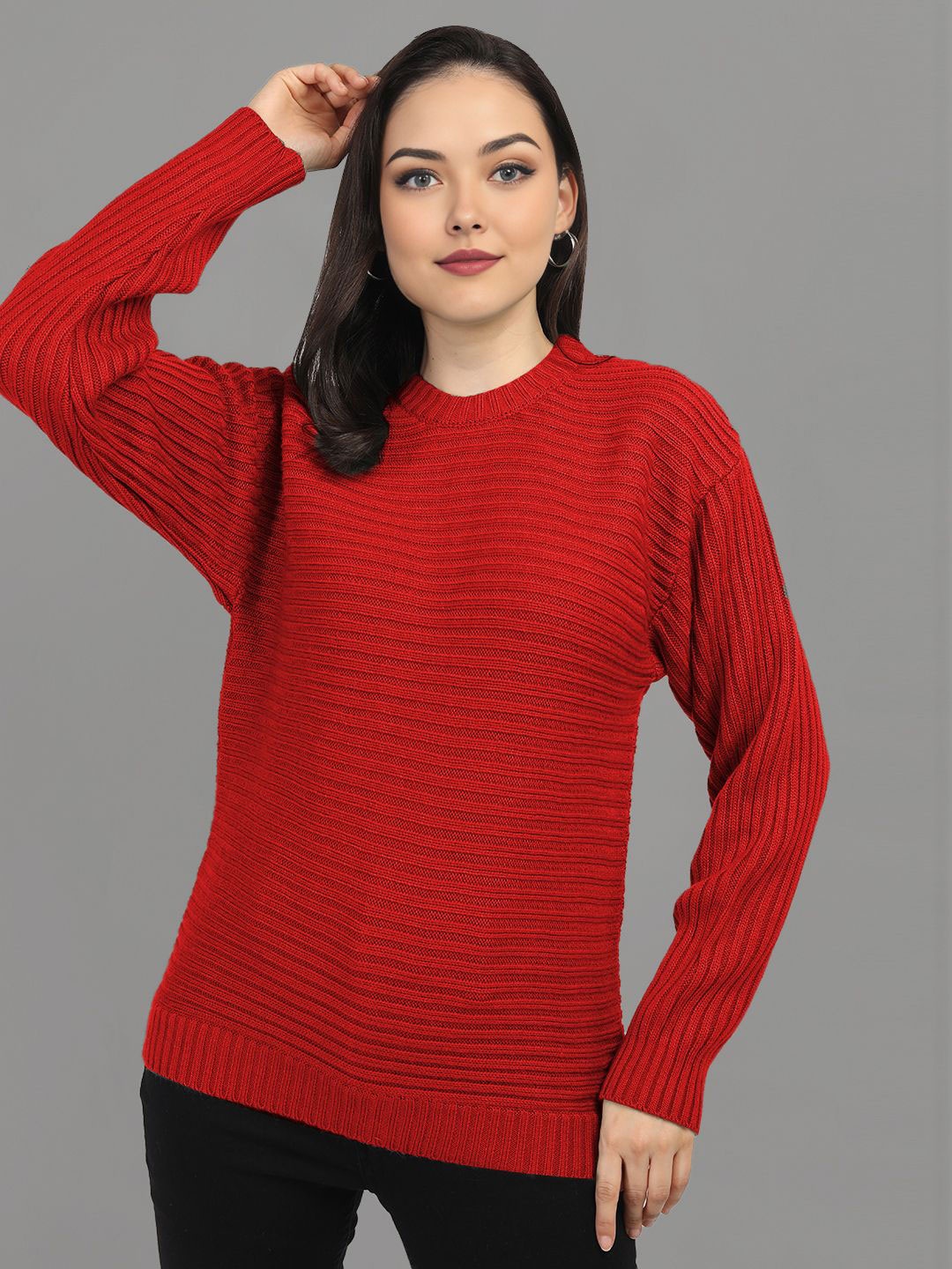 

CHKOKKO Women Ribbed Round Neck Pullover Sweater, Red