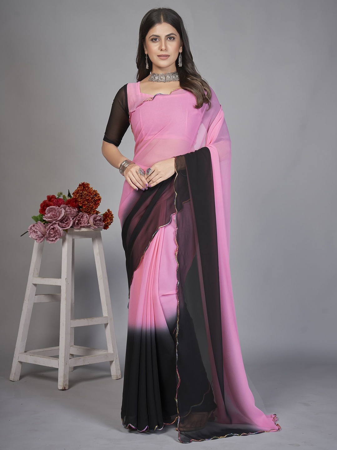 

A TO Z CART Colourblocked Pure Georgette Half and Half Saree, Pink