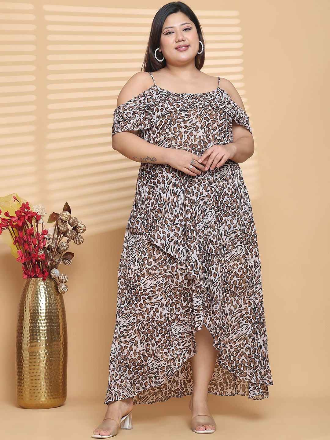 

theRebelinme Women Plus Size Animal Printed Layered Wrap Maxi Dress, Brown