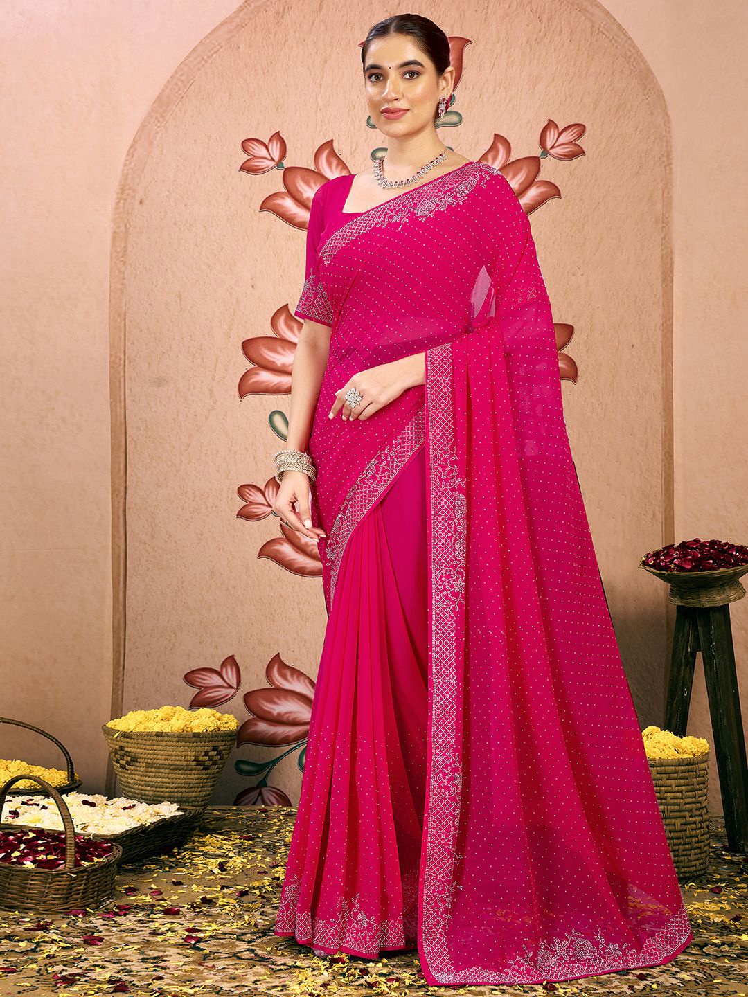 

Mitera Embellished Beads and Stones Pure Georgette Saree, Pink