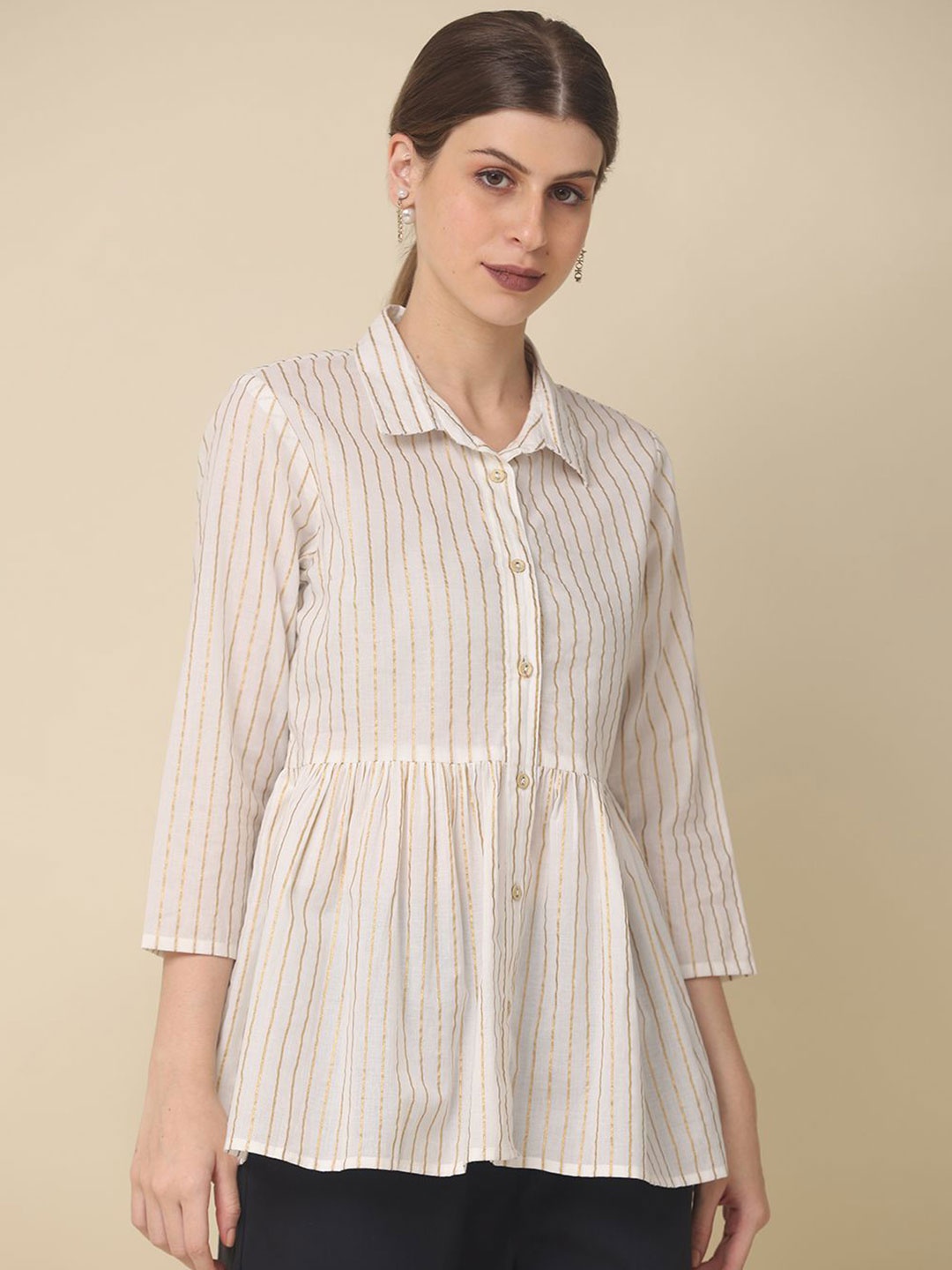 

all about you Women Striped Cotton Shirt Style Top, White