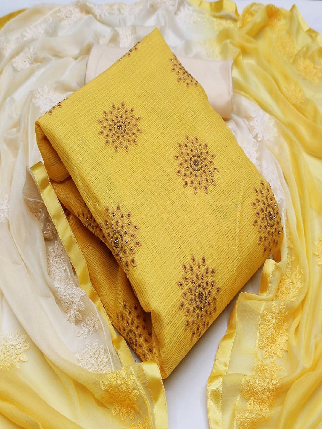 

KALINI Floral Embellished Beads Work Jute Cotton Unstitched Dress Material, Yellow