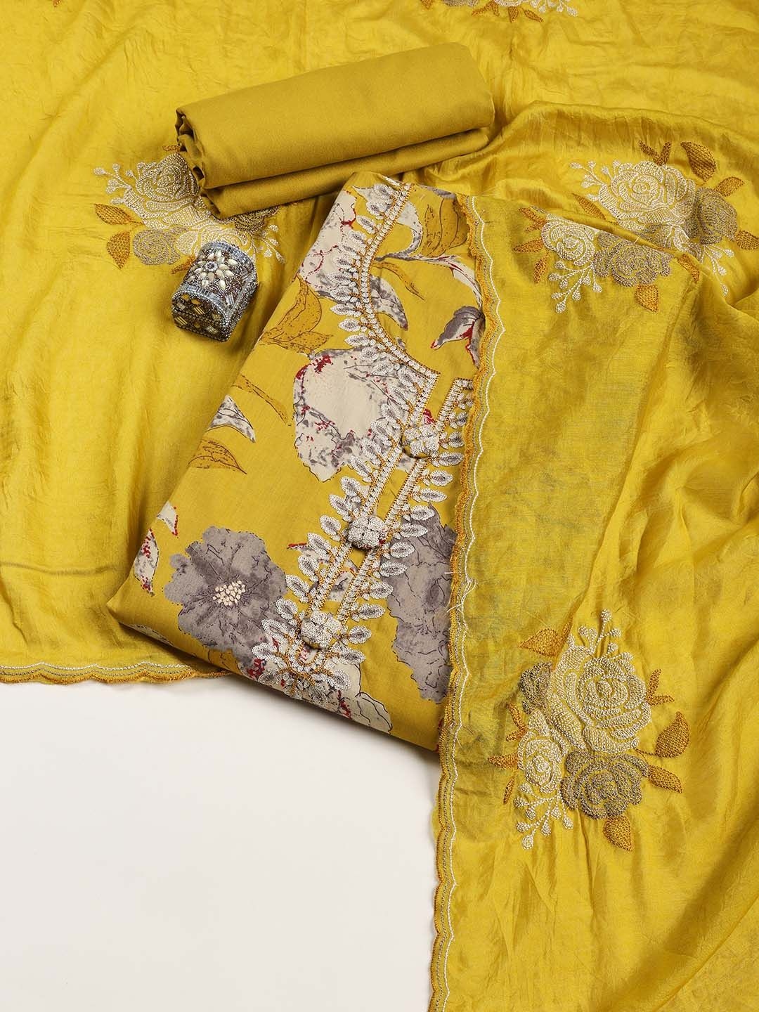

Meena Bazaar Printed Unstitched Dress Material, Mustard