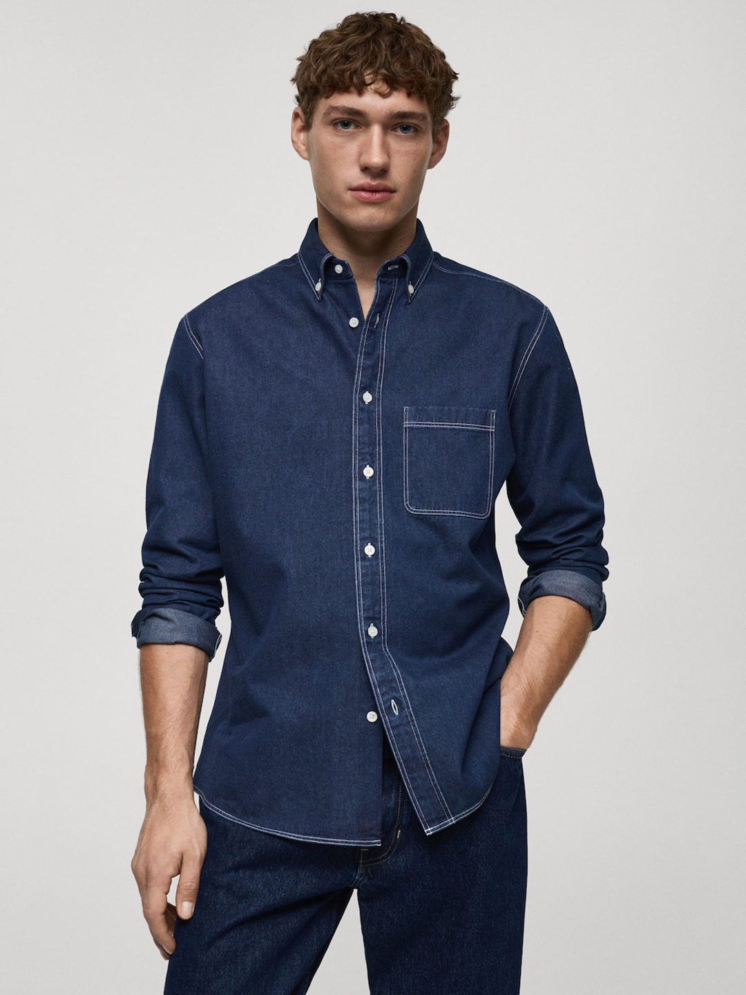 

MANGO MAN Denim Opaque Casual Shirt, Navy blue