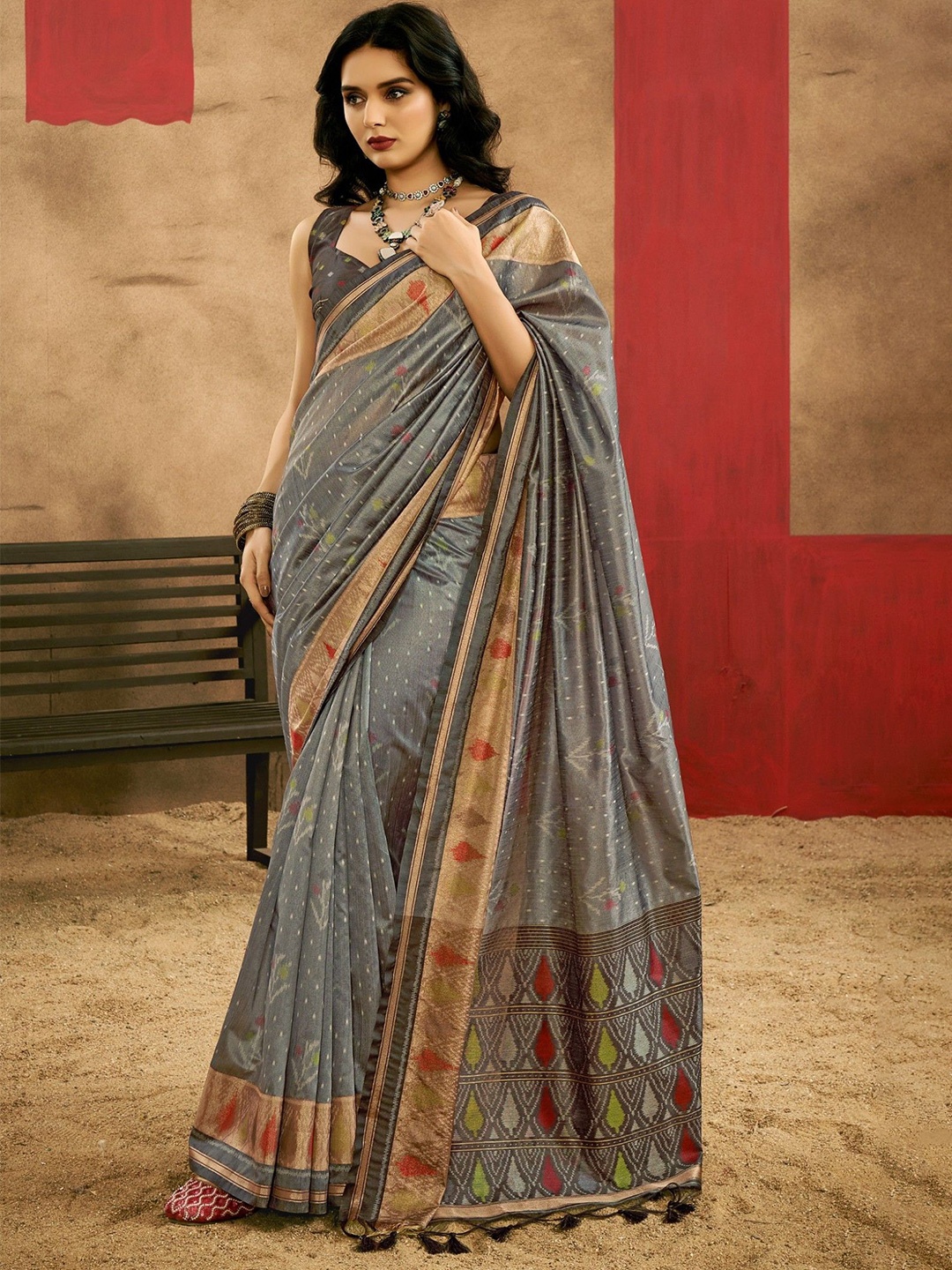 

MySilkLove Woven Design Zari Patola Saree With Blouse Piece, Grey
