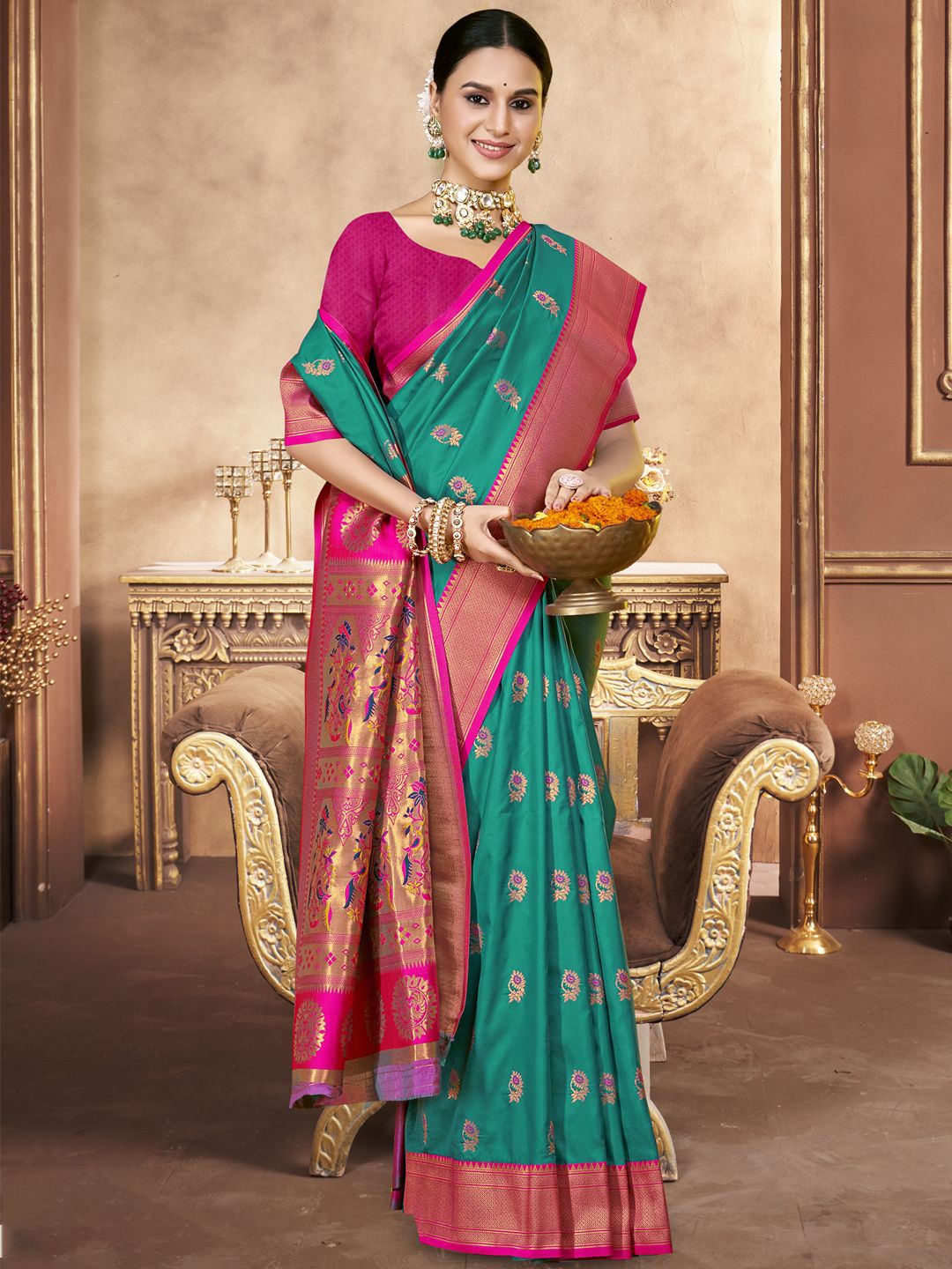 

SANGAM PRINTS Woven Design Zari Banarasi Saree, Teal