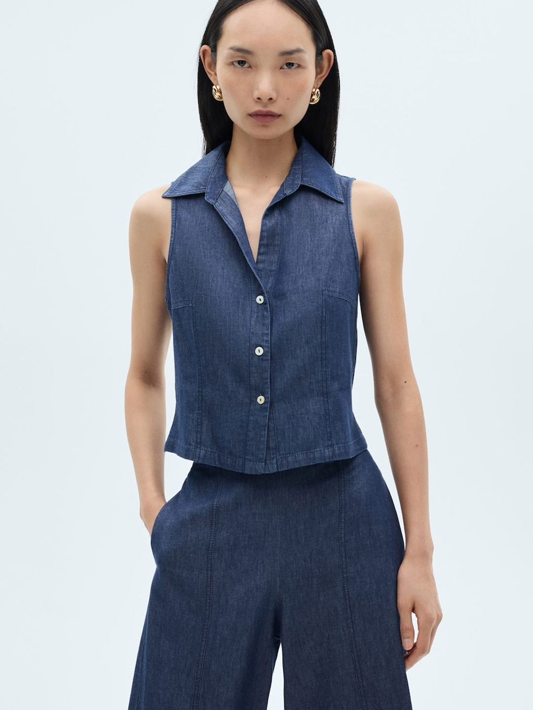

MANGO Chambray Shirt Style Top, Blue