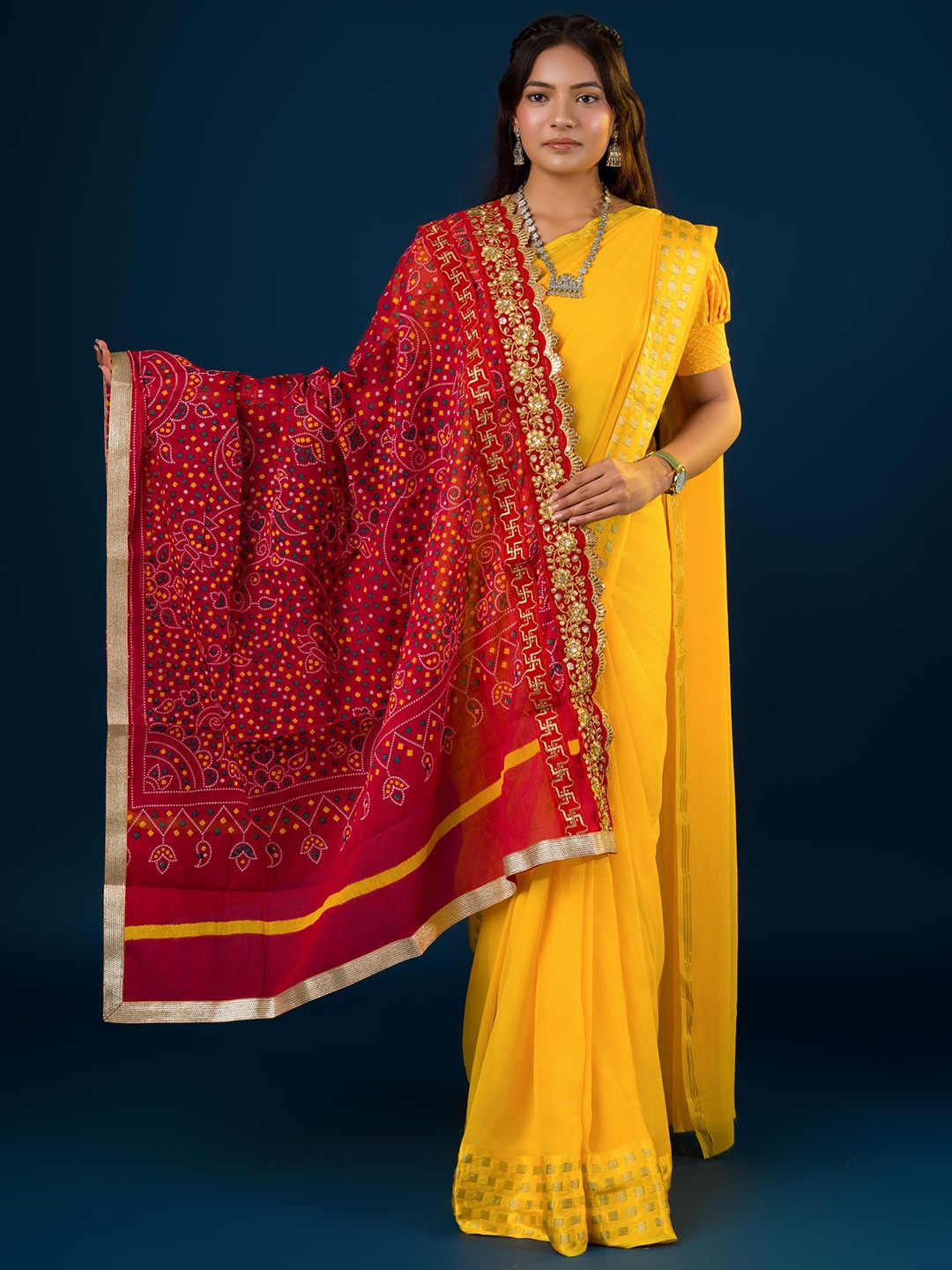 

KCPC BANDHANI Marwadi Printed Pure Cotton Dupatta, Red