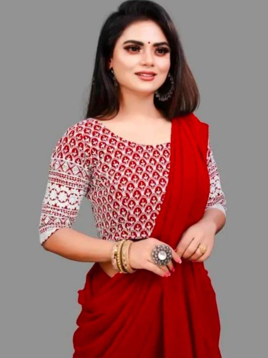 

BAESD Pure Georgette Maheshwari Saree, Red