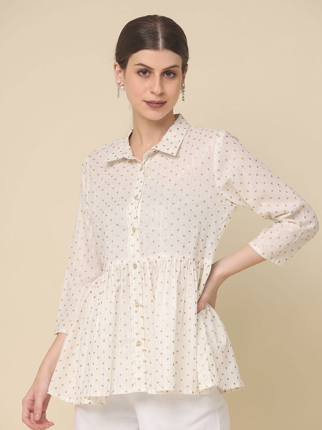 

all about you Women Polka Dot Printed Cotton Shirt Style Top, White