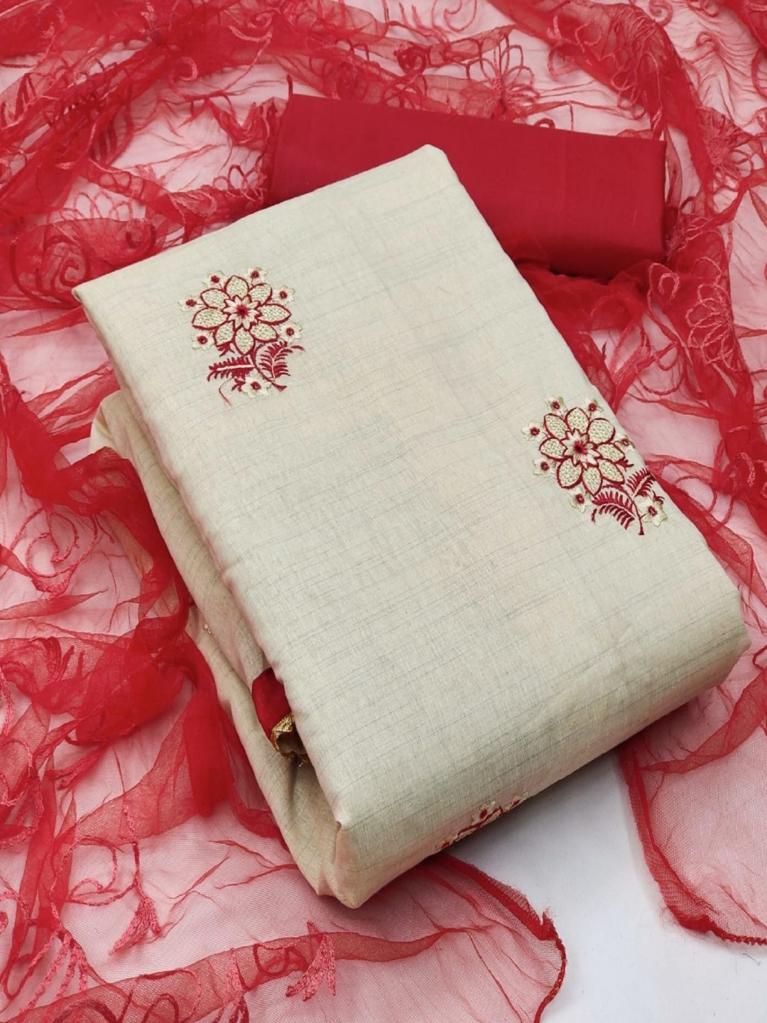 

A TO Z CART Embroidered Unstitched Dress Material, Red