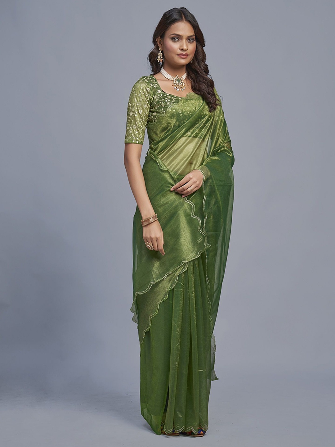 

A TO Z CART Women Organza Saree With Embroidered Border, Green